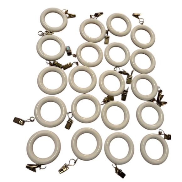 Vintage Curtain Rod Rings with Clips Lot of 20 White Wood Look Drapery Hooks - Picture 1 of 3